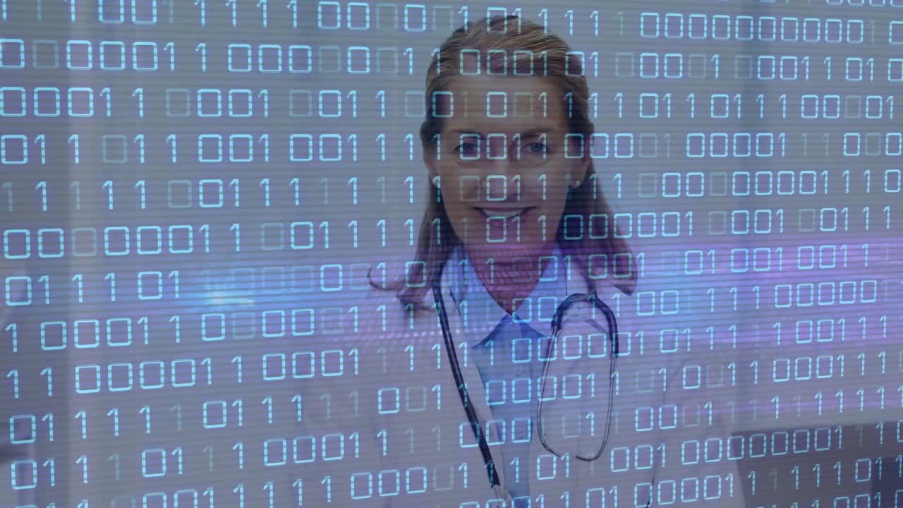 Animation of data processing over caucasian female doctor