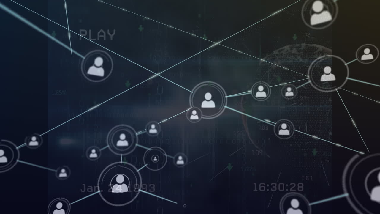 animación de la red de conexiones y cinta de video con globo sobre fondo negro