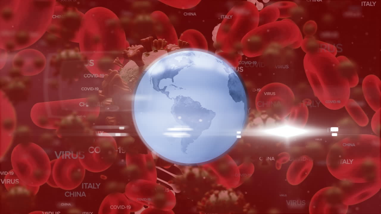 animación de un globo que gira en medio del texto del coronavirus y las células sobre la hélice de adn