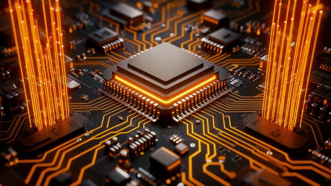 Central Processing Unit på printplade med glødende datastrømme