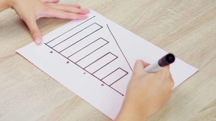 Close-up of person marking decrease on bar graph with black marker on wooden desk