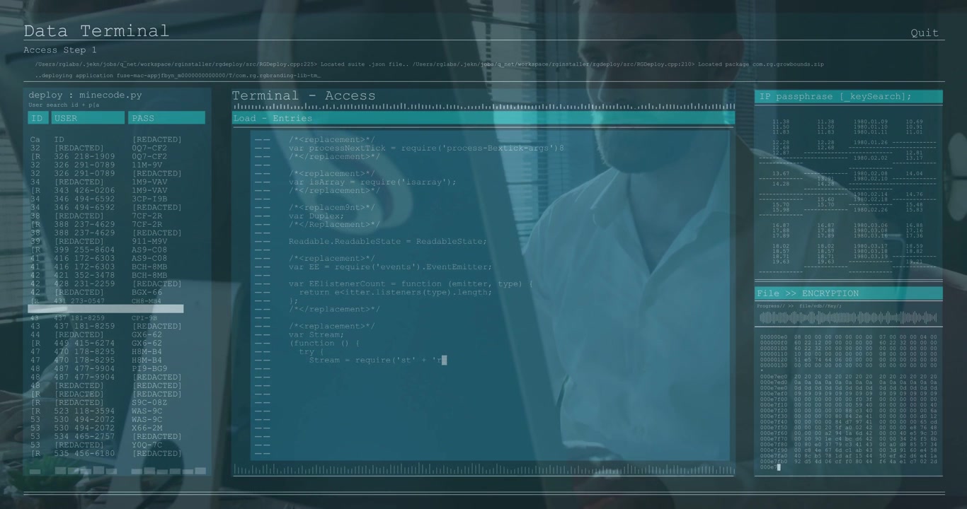 Seated man typing, co-worker observing, Data Terminal populating code and tables for tech analysis