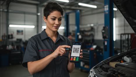 technician demonstrates mobile payment system in automotive workshop, showcasing qr code on smartphone while inspecting vehicle engine compartment