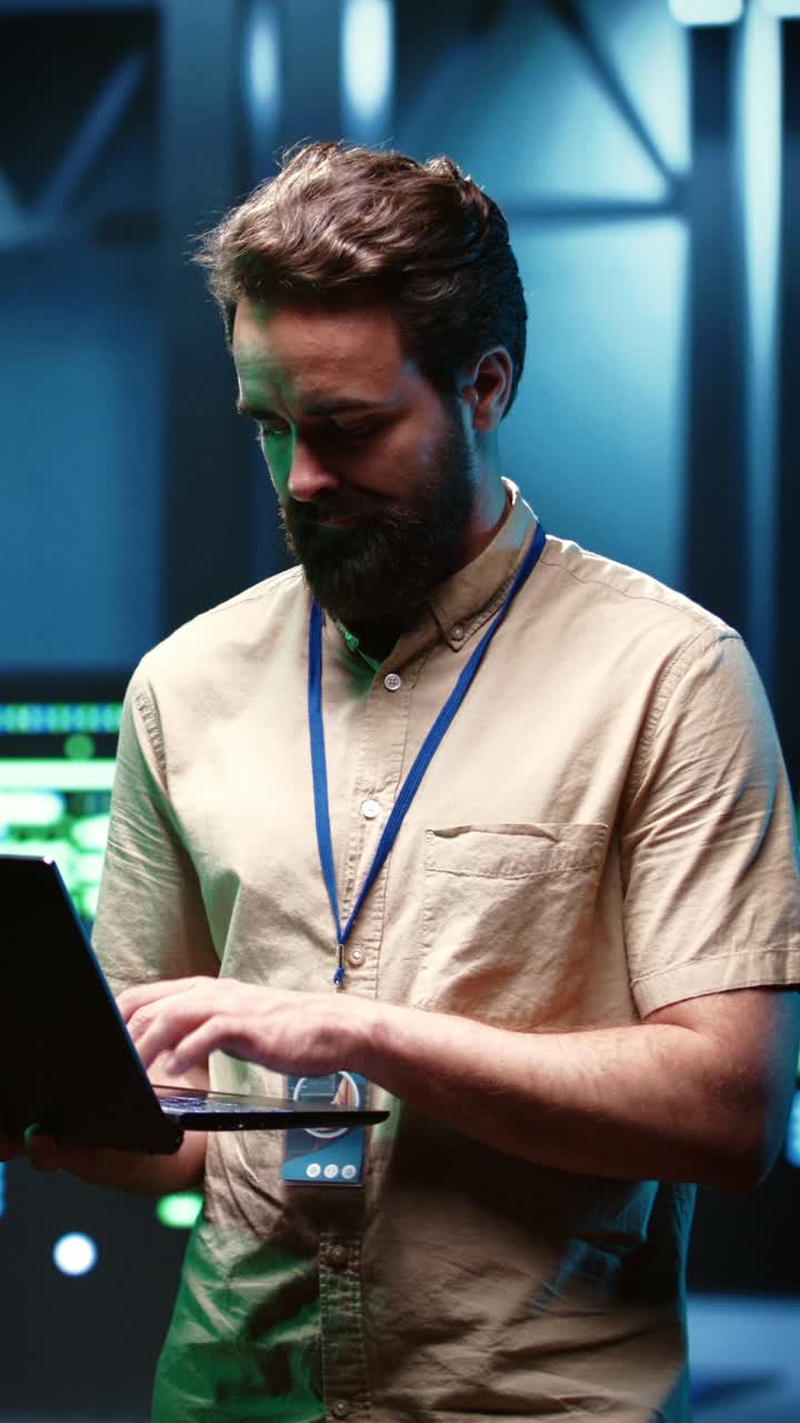 Vertical video Electrician doing server system probing,