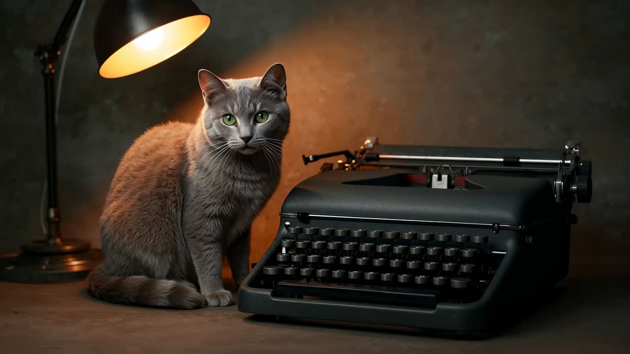 Grå kat der drejer hovedet og justerer halen på et skrivebord med en gammel skrivemaskine og lampe