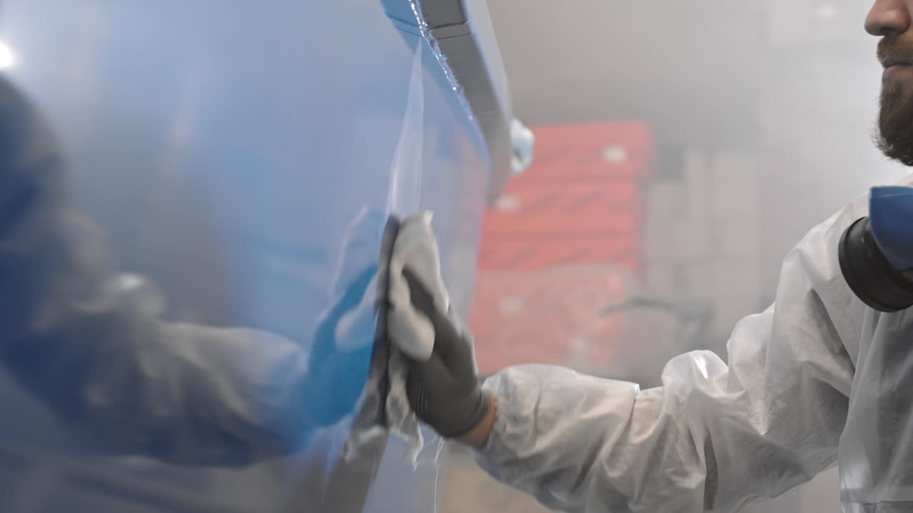 Worker cleaning painted surface