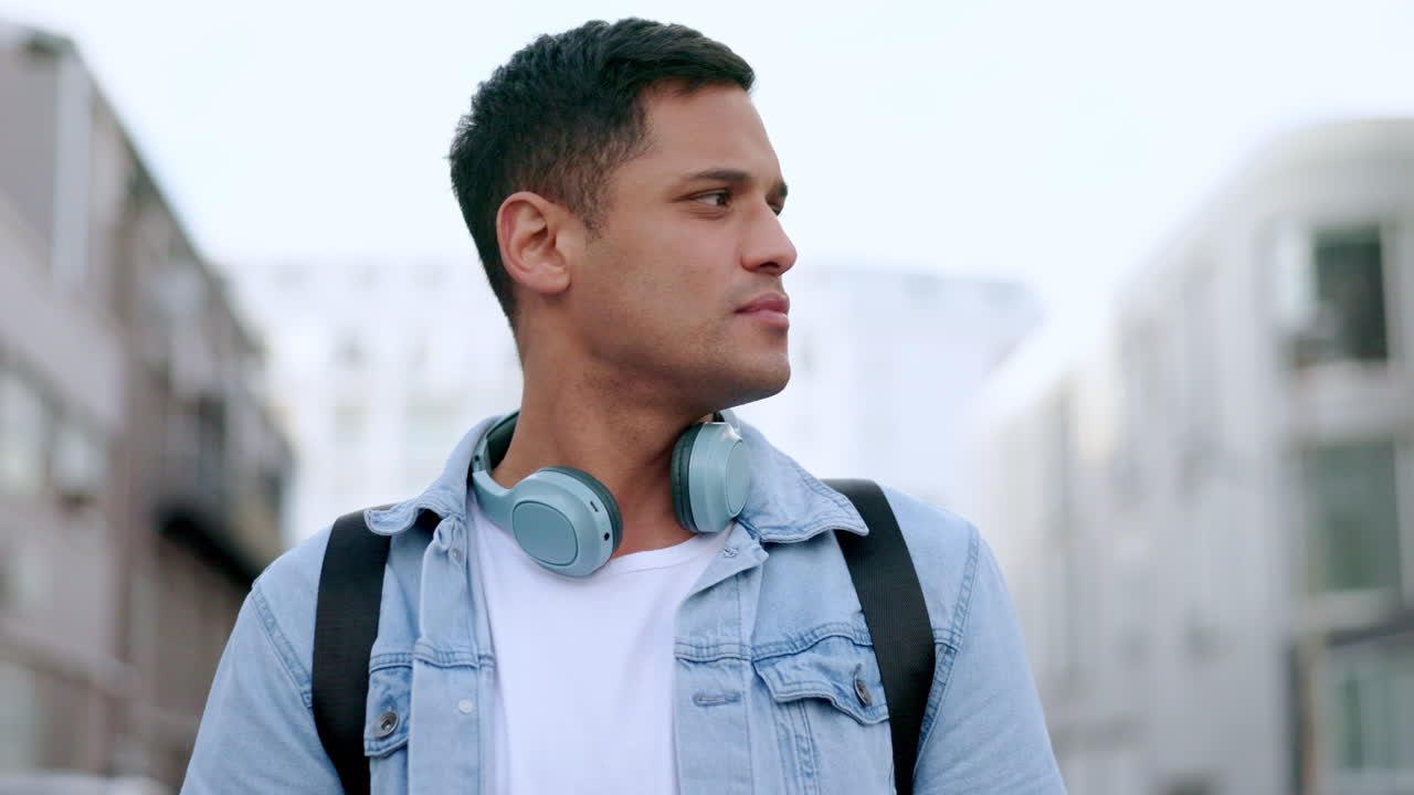 City, music and headphones man portrait in urban