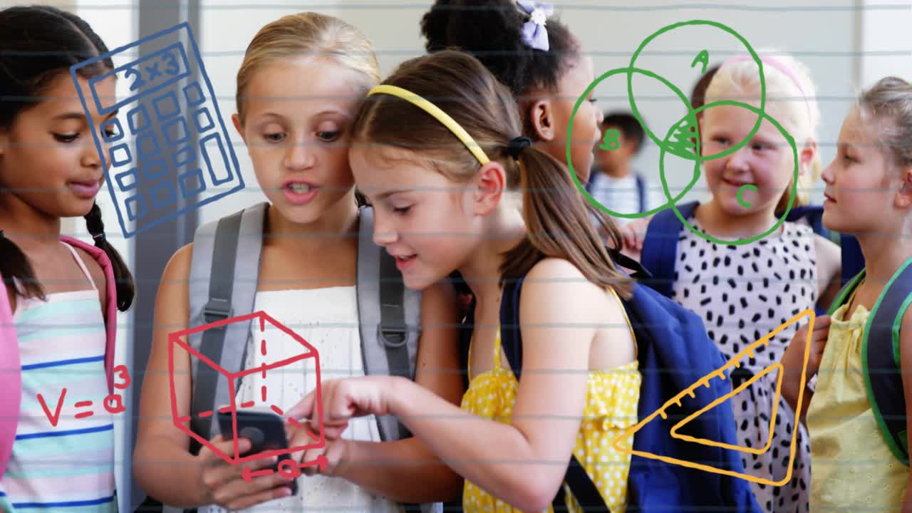 Girl tapping smartphone exploring math floating calculator, cube and prism appearing in corridor