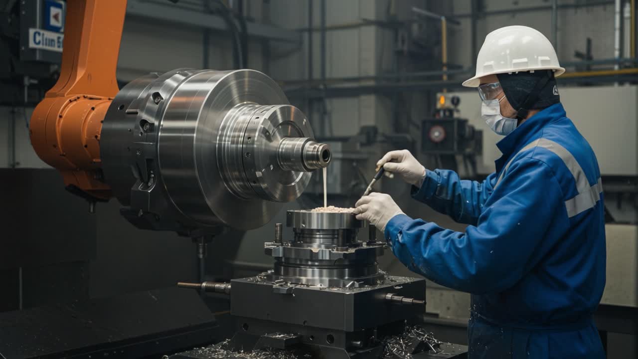 Precision Machining Process: A Skilled Operator Utilizing Advanced CNC Technology to Shape Metal Components with a Robotic Arm in a Manufacturing Environment