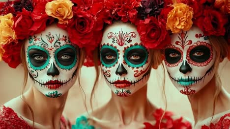 three women with sugar skulls and flowers in their hair