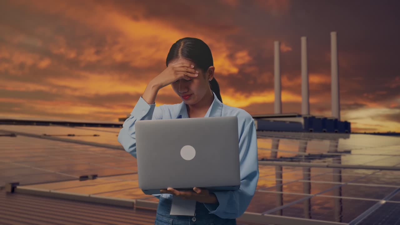 Asian Female With Her Laptop, Inspecting Solar Panels on Rooftop at Sunset, She Is Nodding Her Shead With Dissapionted