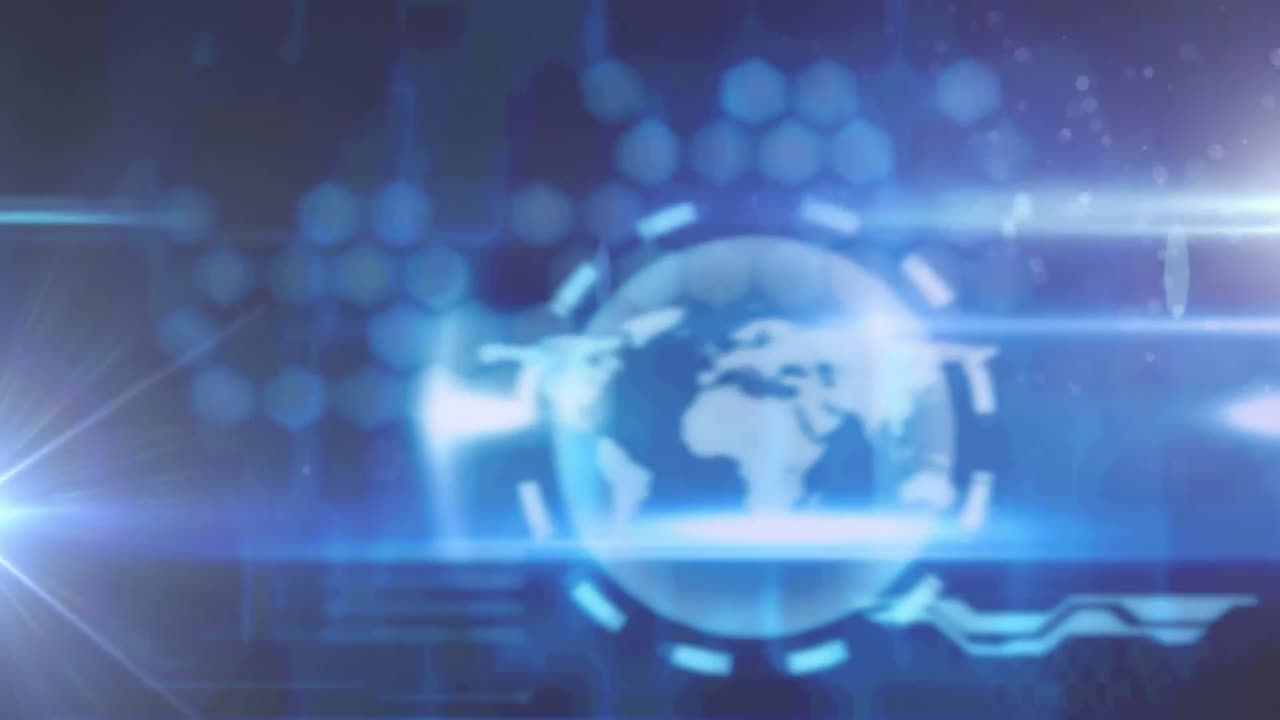 파란색 배경의 지구에 대한 빛의 점의 디지털 애니메이션