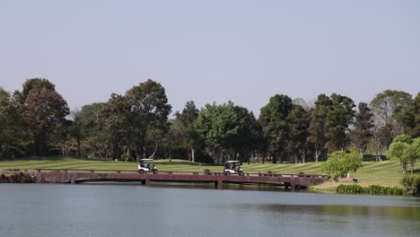 vehicle moves across bridge in tranquil park setting