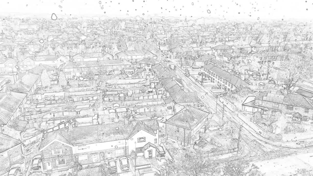bocetos en blanco y negro copos de nieve cayendo sobre tranquilas y pacíficas casas de barrio suburbano, vista aérea