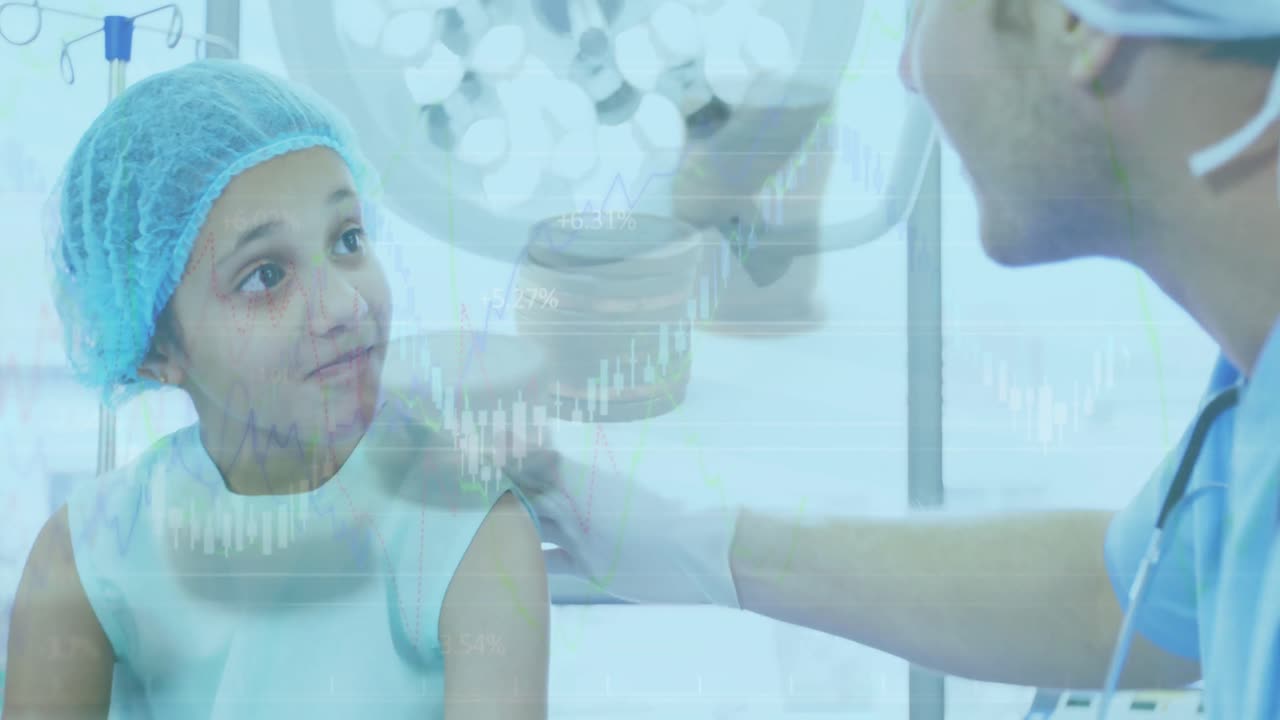 animación de gráficos financieros sobre médico caucásico y niño