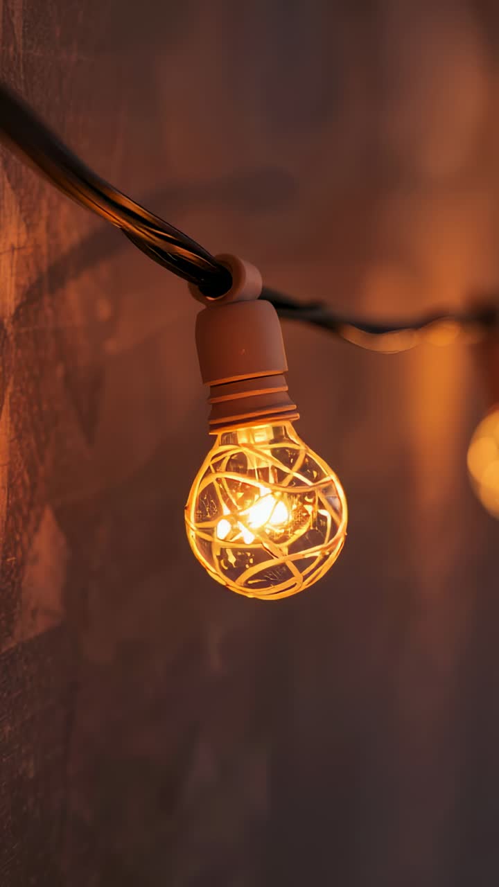Vertical video: Glowing bulb hanging from cord in dim room, camera shifting creating slight flicker