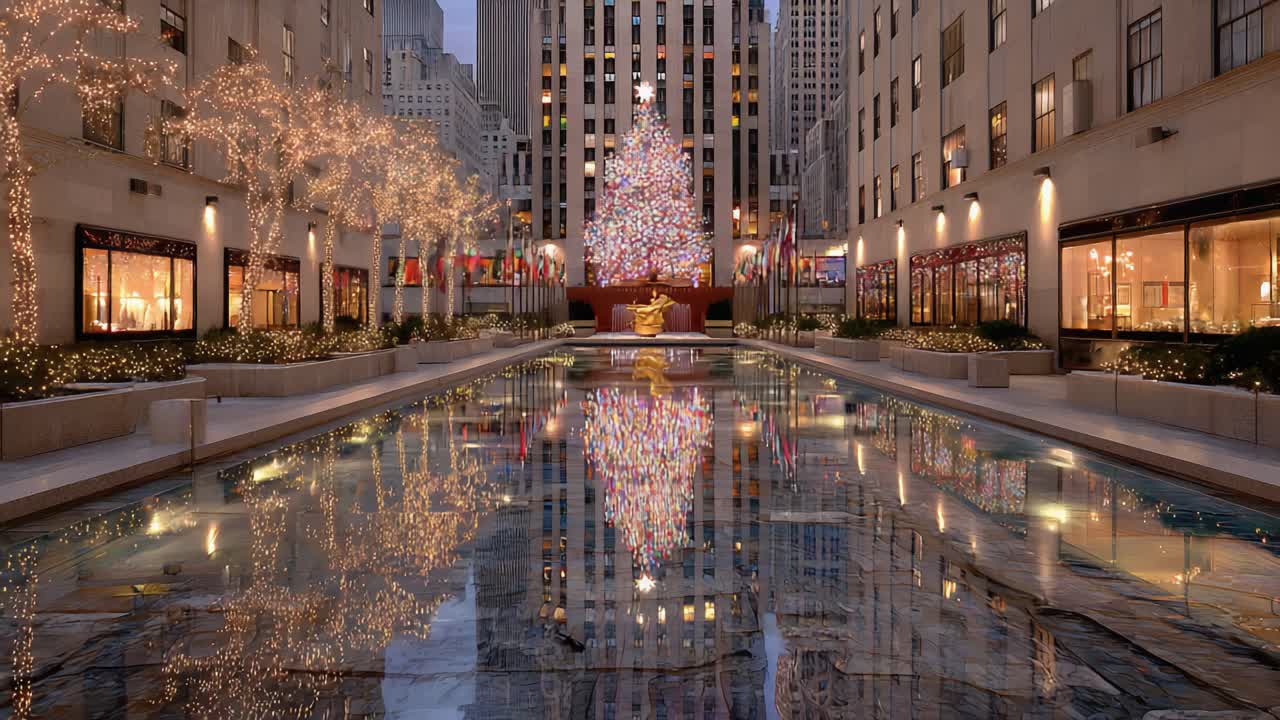 A Dazzling Holiday Scene with a Majestic Christmas Tree Illuminating the Night, Surrounded by Sparkling Lights Reflecting in a Serene Pool at a City Landmark