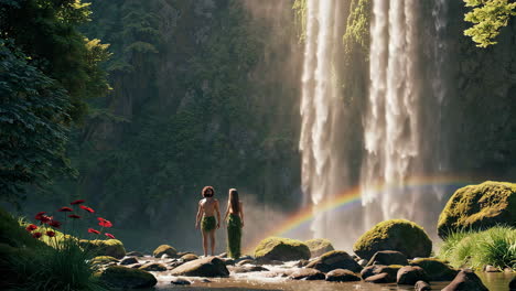 couple in a lush forest by a waterfall