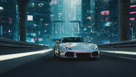 futuristic sports car driving through a neon cyberpunk city at night
