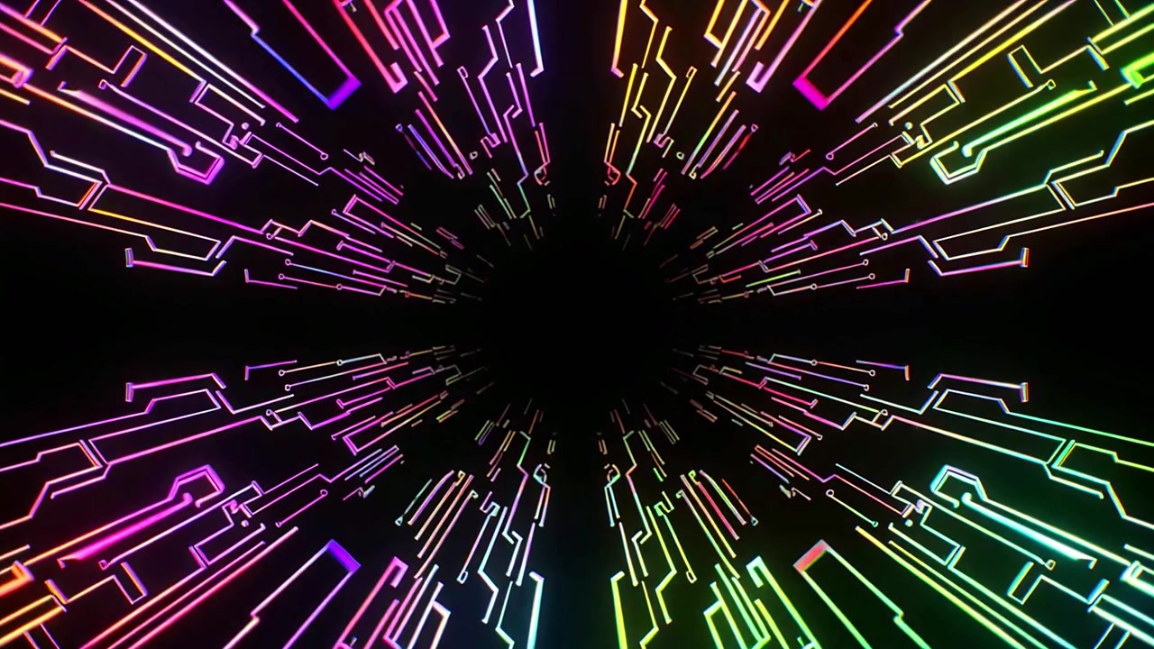 Vibrant Neon Circuit Board Lines Moving Through a Digital Tunnel