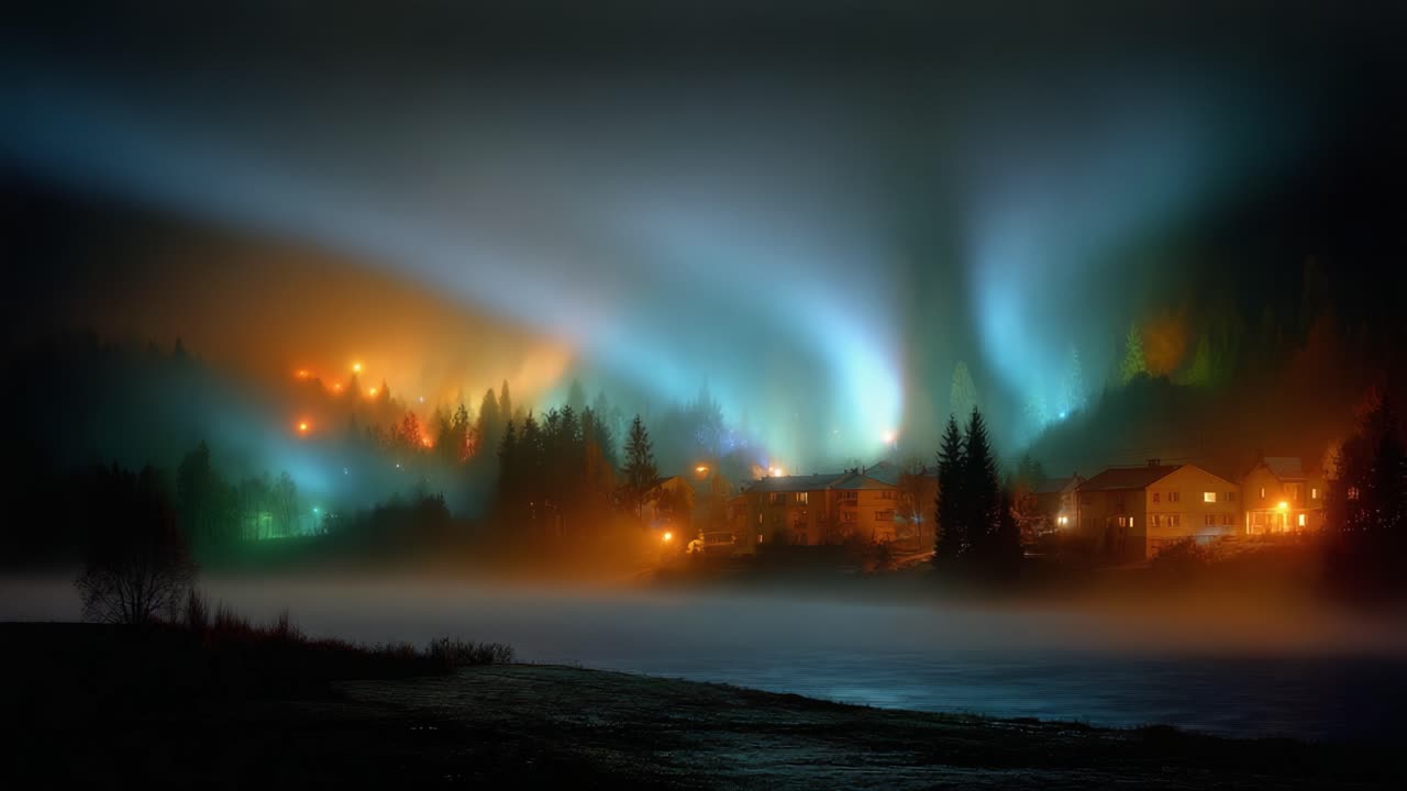 A Breathtaking Display of Ethereal Lights and Fog Illuminates a Quiet Village Landscape, Highlighting Nature’s Enchantment in a Mysterious Atmosphere