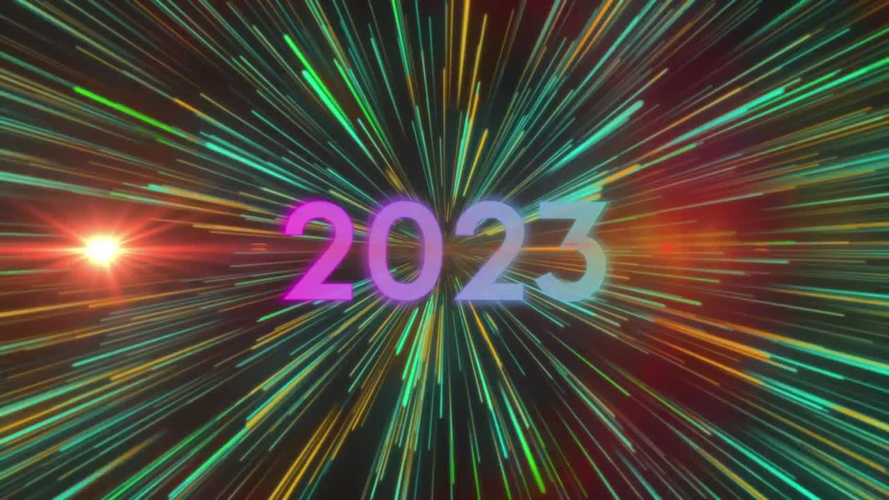 Animazione del testo "2023" su scie luminose su sfondo nero.