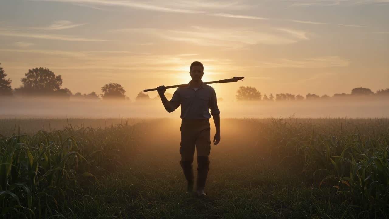 Silhouetted Farmer Walking Through Misty Field at Sunrise, Carrying a Tool and Embracing the Peaceful Morning Vibes of Nature and Agriculture