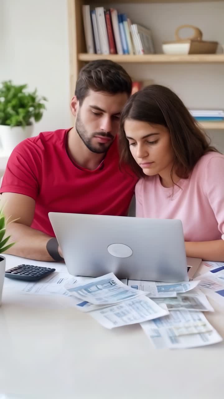 A young Couple with a calculator and bills to pay, with a laptop open on the dining table.
