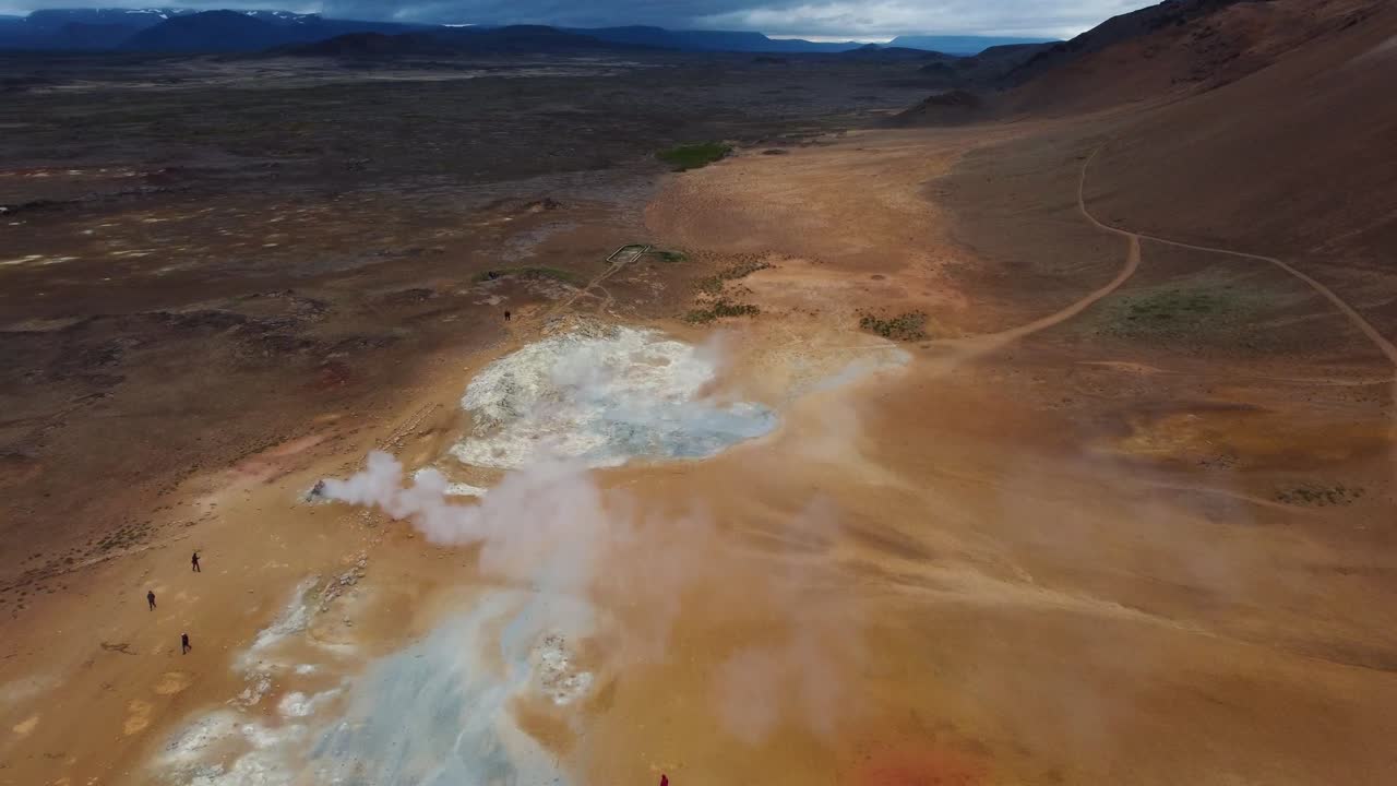 Aerial drone shot of geothermal field in Iceland with steaming vents, colorful mineral deposits, and barren landscape. Small tourists visible walking on trails through steaming terrain.