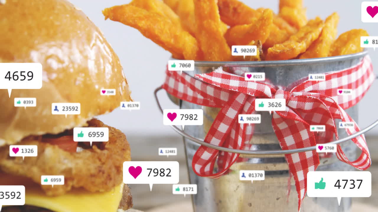 Animation of burger and fries with social media like and heart icons overlay
