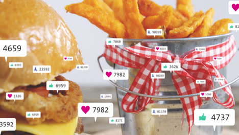 Animation of burger and fries with social media like and heart icons overlay