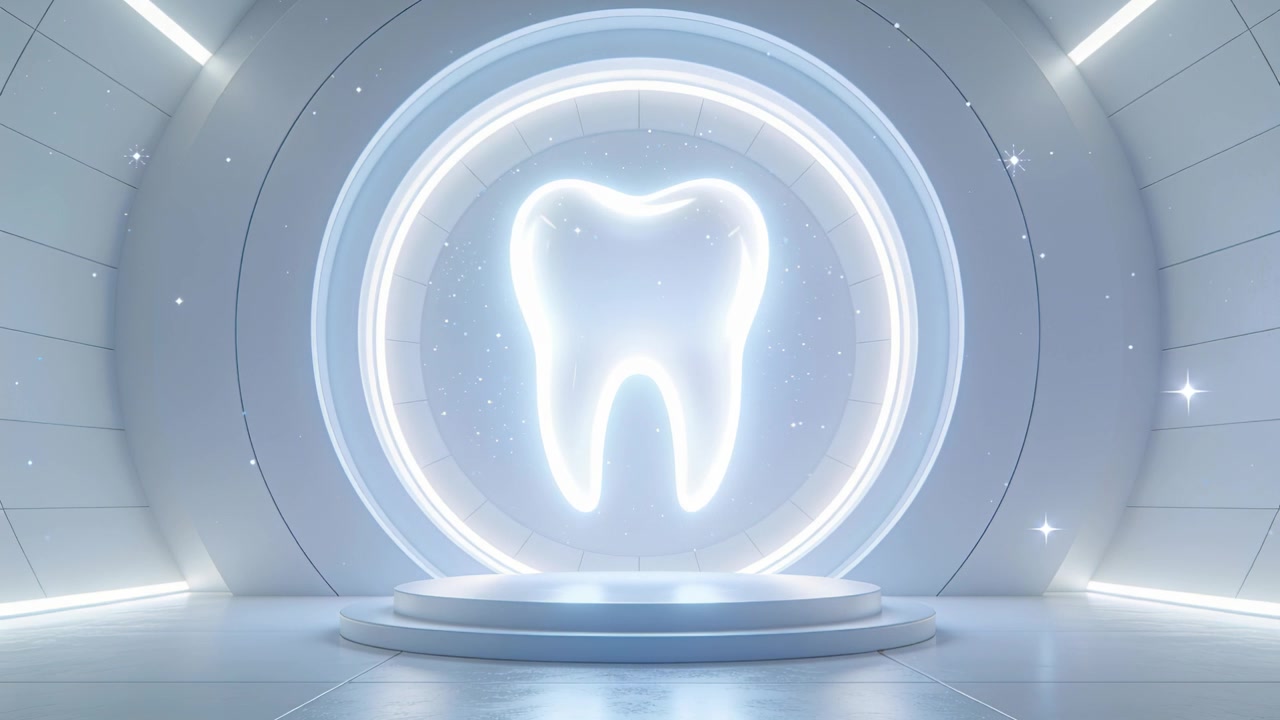 Un clip che mostra un ologramma di un dente pulsante sopra un piedistallo in una vetrina bianca, che presenta la tecnologia odontoiatrica.