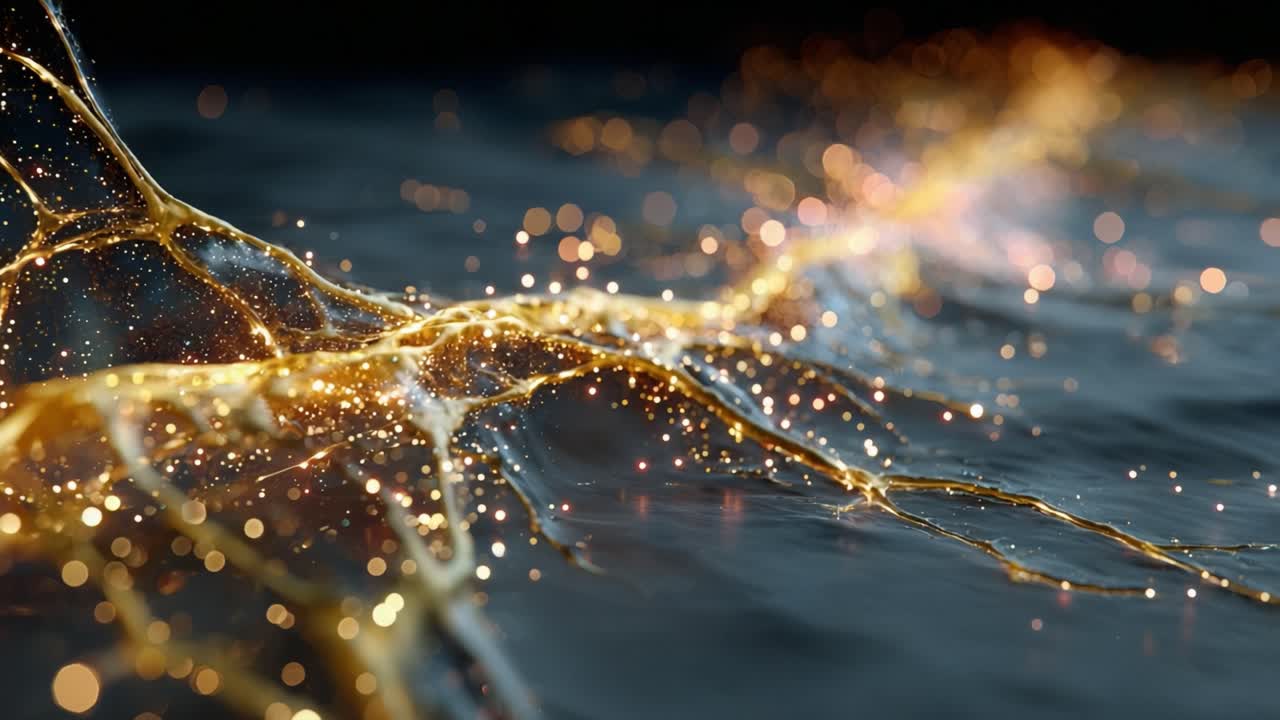 Onde astratte di un liquido scuro e viscoso luccicante con venature di luce dorata e particelle scintillanti, che creano un'immagine visiva affascinante e lussuosa che rappresenta il flusso di energia o le reti neurali
