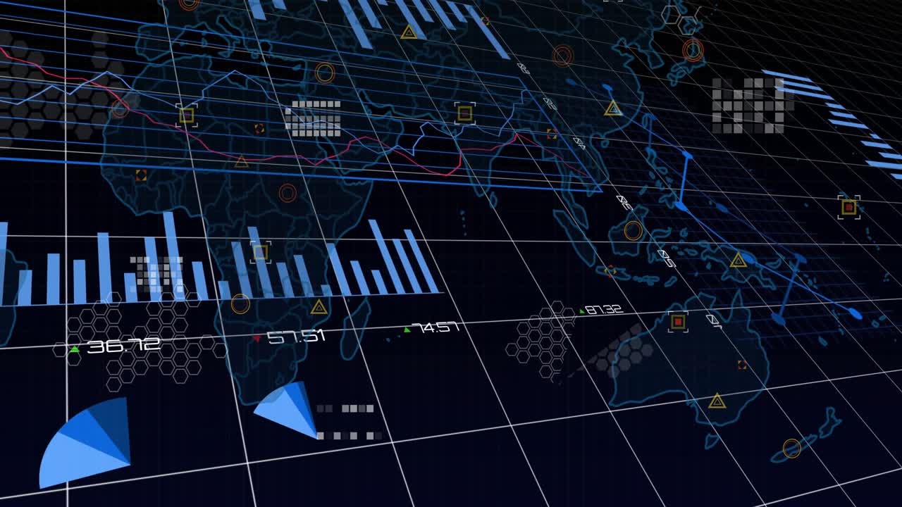 On sequence start 3D data interface animating charts and graphs on map to show global trends