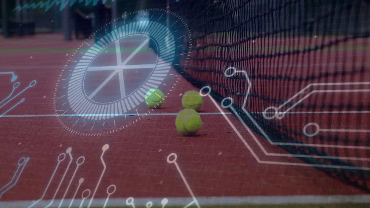 Tennis net stretching diagonally across red court, featuring tennis balls and digital circuit HUD