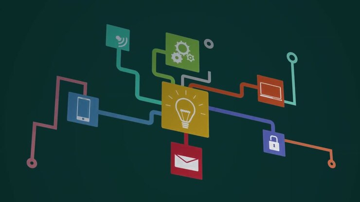 Animation of colorful flowchart with computer icons against black background