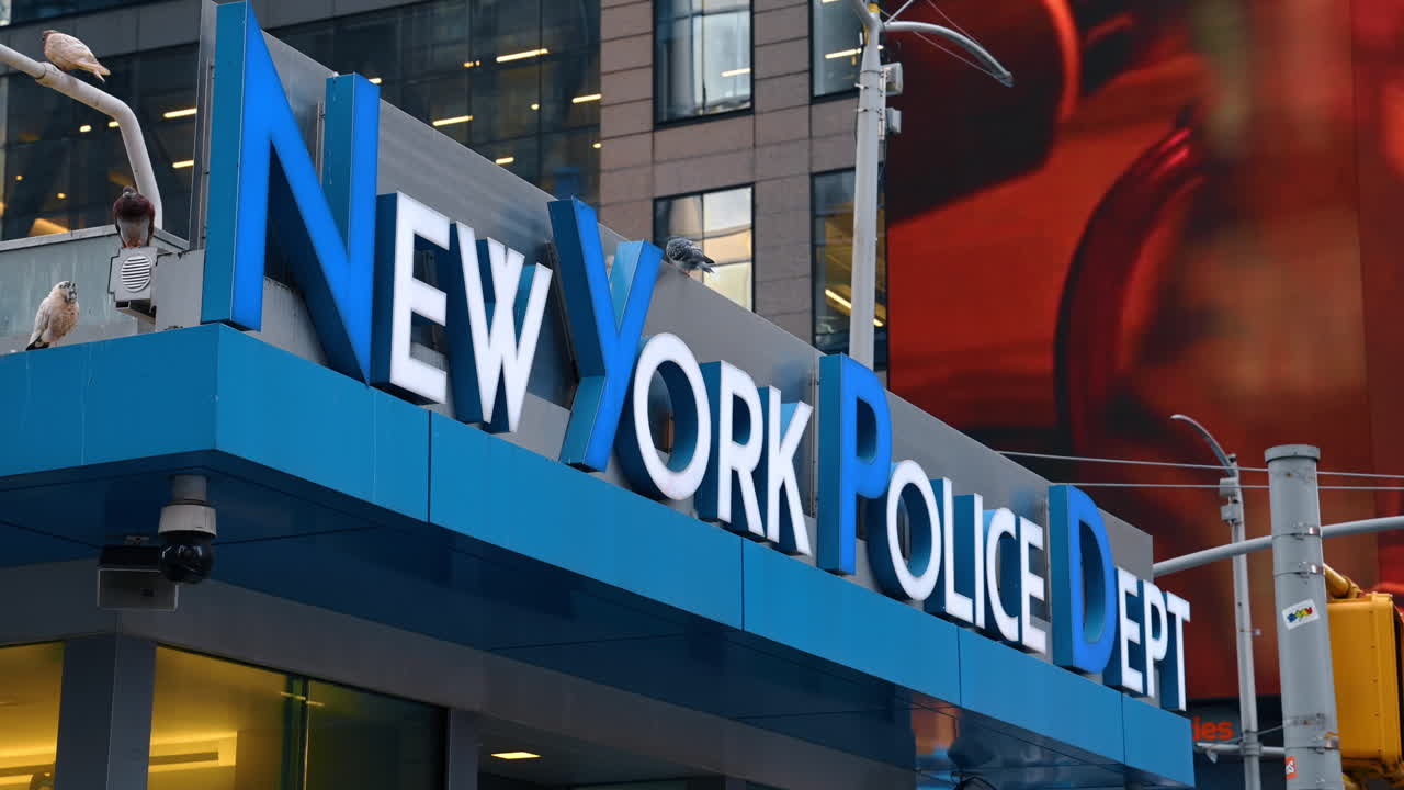 New York, USA, 01 agosto 2025: cartello del dipartimento di polizia di New York con piccioni in cima a Times Square. Primo piano del cartello dell'edificio del dipartimento di polizia di New York a Times Square con piccioni appollaiati sopra le lettere