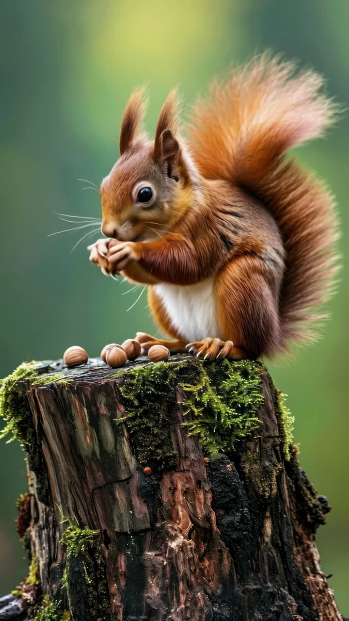 Primo piano di uno scoiattolo su un ceppo muschioso, che mangia noci. Catturato da un'angolazione bassa, perfetto
