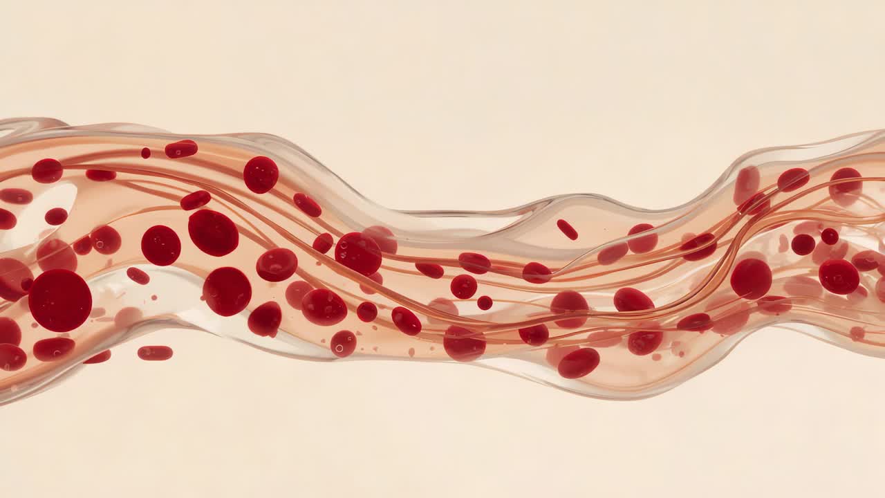 Pulsing ribbon moving red disks along 3 thin strands across pale beige backdrop by flow rightward