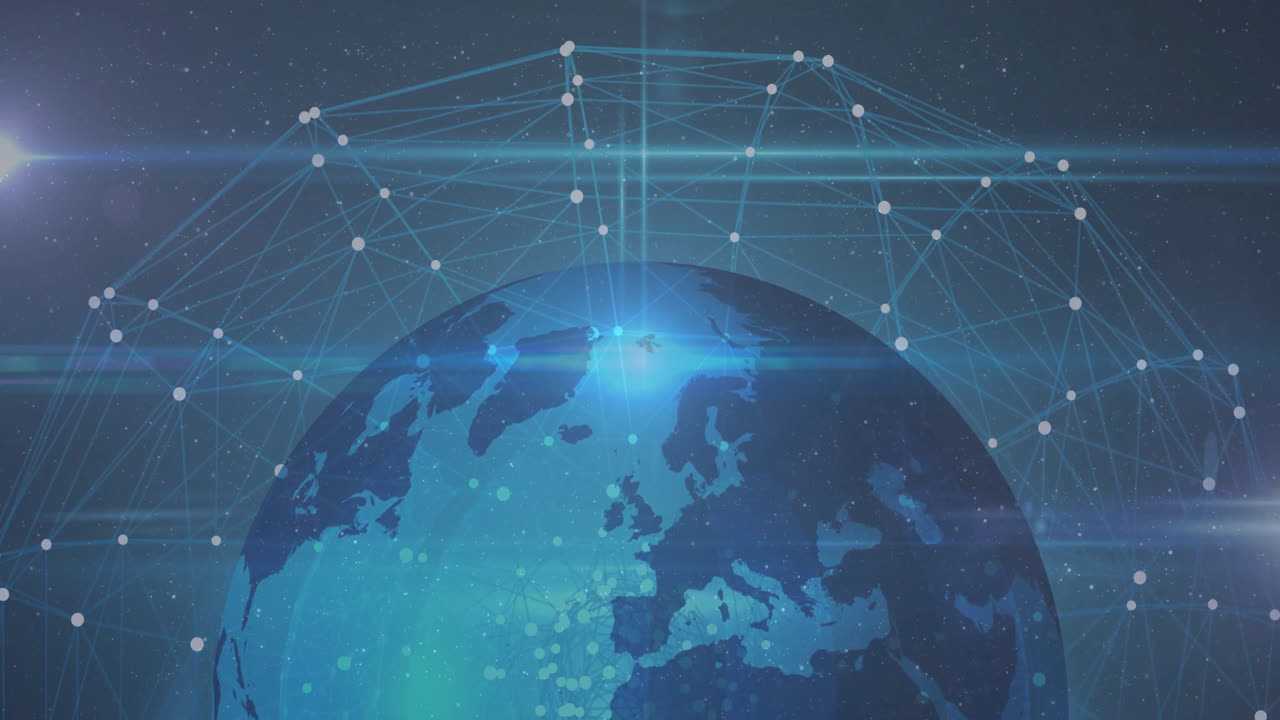 Animation of global communication with digital network connections over rotating Earth