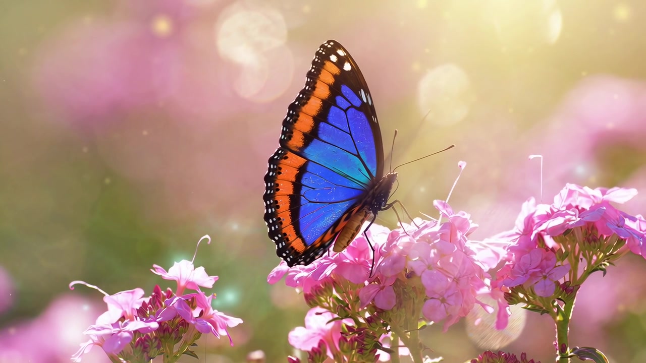 Leuchtend blauer Schmetterling ruht auf rosa Blumen im Sonnenlicht