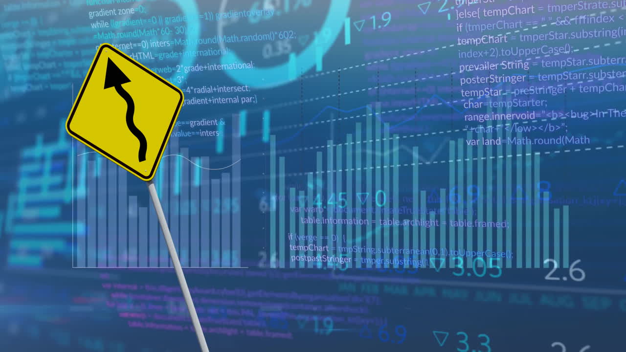 animación del procesamiento de datos financieros sobre la flecha en la señal de tráfico amarilla y la ciudad