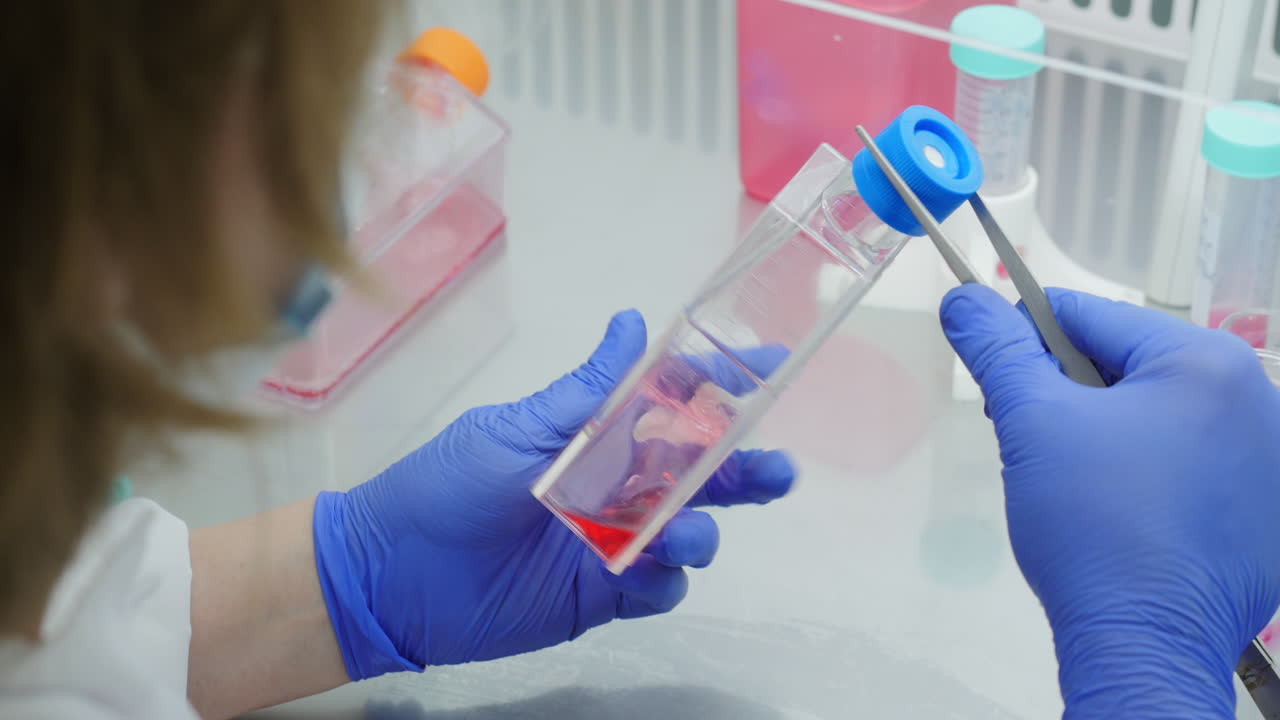 Scientist working with cell cultures in a laboratory.