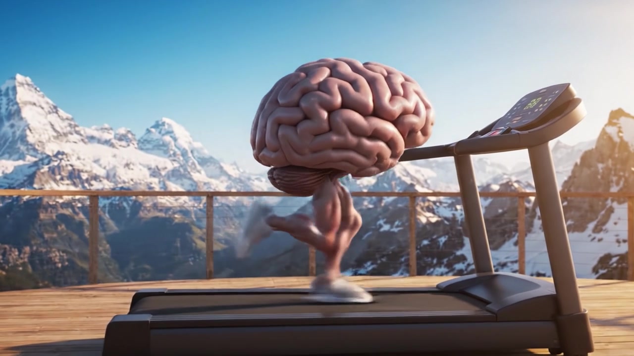 En fantasifuld fremstilling, hvor en hjerneformet figur jogger på et løbebånd mod en betagende bjergrig baggrund, der illustrerer sammenhængen mellem fysisk og mental motion.