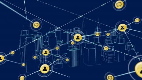 Animation-of-network-of-connections-with-icons-and-cityscape