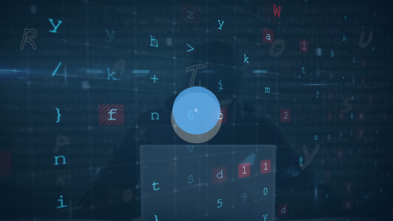 Animation of network of digital icons, cyber security data processing over male hacker using laptop