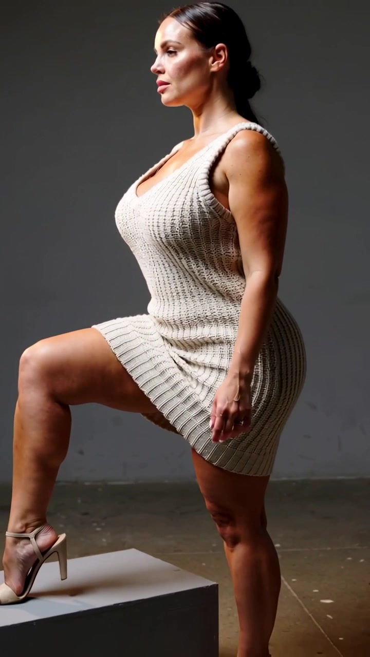 Vertical video: Lifting right leg, model in dress, sandals stepping onto platform in studio posing