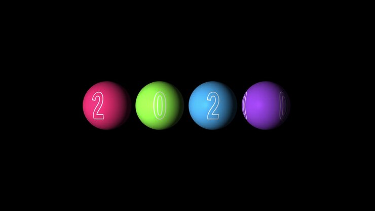 Sæt loopende realistisk animation af de flerfarvede kugler og teksten 2020. Roterende dekoration på hvid baggrund. Animation med alfa (gennemsigtig baggrund) til nem brug i din video.