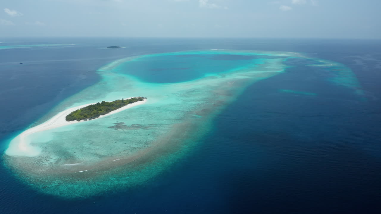 Vista aerea di una bellissima piccola isola alle Maldive con palme verdi e acqua azzurra
