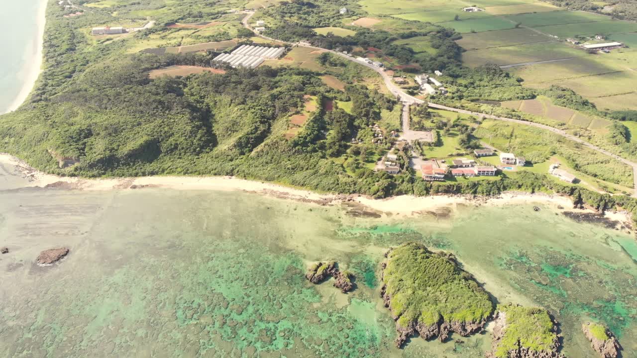 Aerial Overhead fly Crystal Blue Coral Waters Shoreline, Iriomote Okinawa Japan